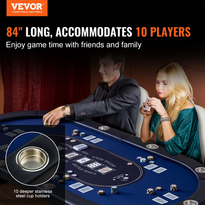 Start2Finish 10-player foldable poker table with padded rails, stainless steel cup holders, and an 84-inch oval casino-style design.