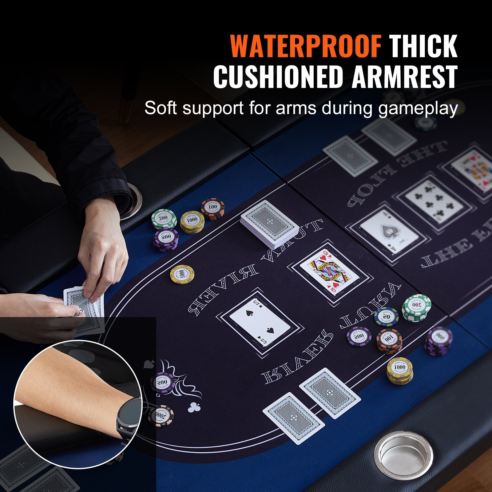 Foldable VEVOR 10-player poker table with padded rails, stainless steel cup holders, and an 84-inch oval design for casino-style gaming.