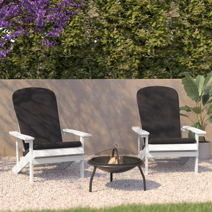 Set of 2 white Adirondack chairs with gray cushions, outdoor porch and patio furniture by Start2Finish.