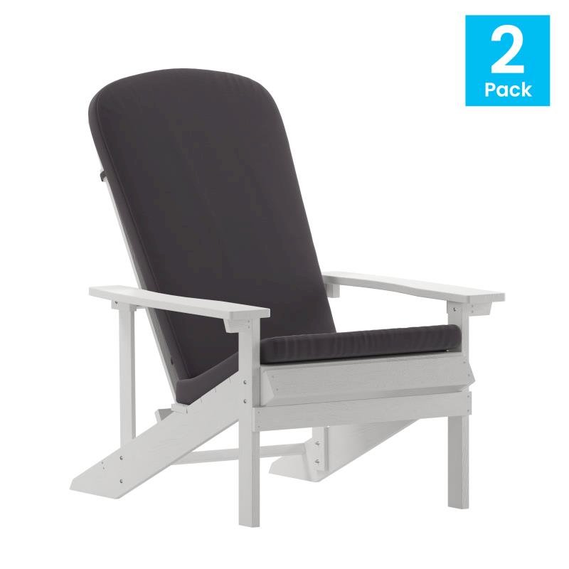 Set of 2 white Adirondack chairs with gray cushions, perfect for porch or patio outdoor furniture by Start2Finish.