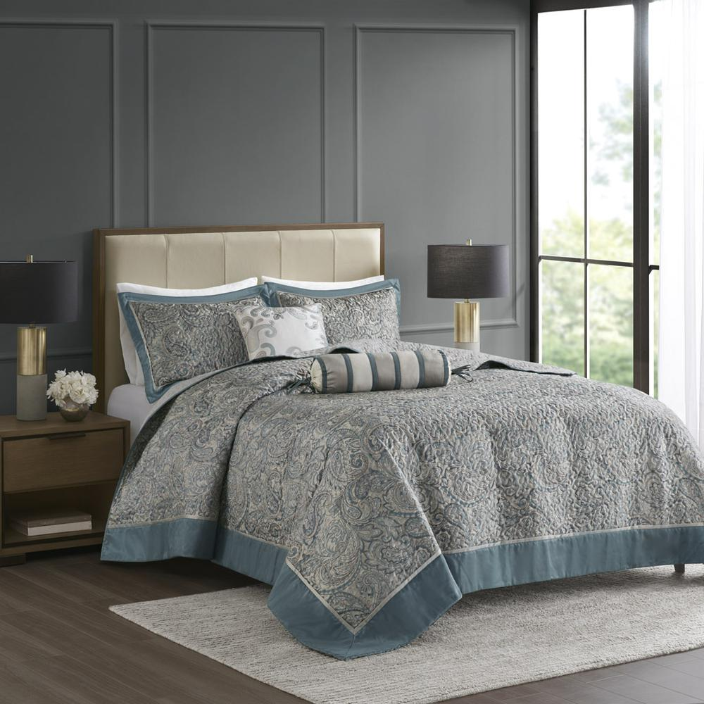 Start2Finish 5-piece jacquard bedspread set with matching throw pillows, featuring intricate woven patterns in neutral tones.