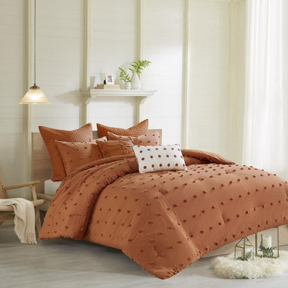 Start2Finish cotton jacquard comforter set with euro shams and throw pillows displayed on a neatly made bed.