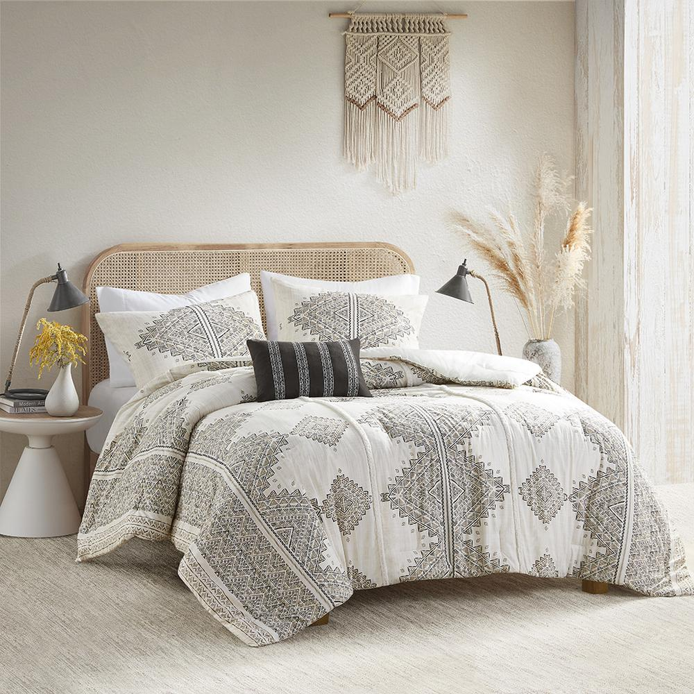 Start2Finish 4-piece printed comforter set with matching throw pillow, stylish bedding for a cozy bedroom upgrade.