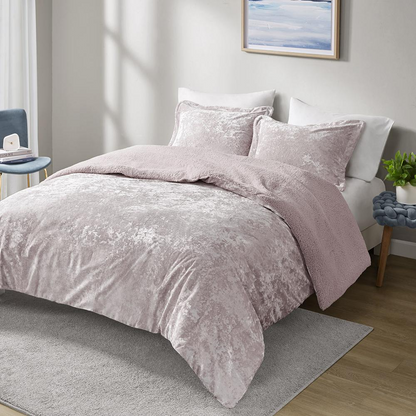 Crushed velvet sherpa reversible comforter set by Start2Finish with plush textures and cozy design in the image.