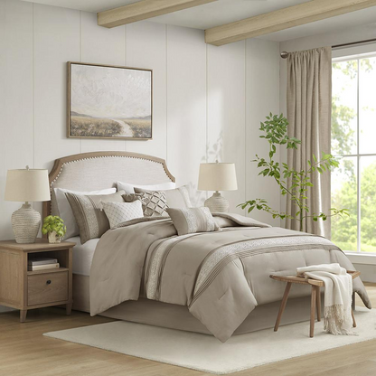 Start2Finish 7-piece lace trim comforter bedding set with matching throw pillows, featuring elegant lace accents and soft fabric.
