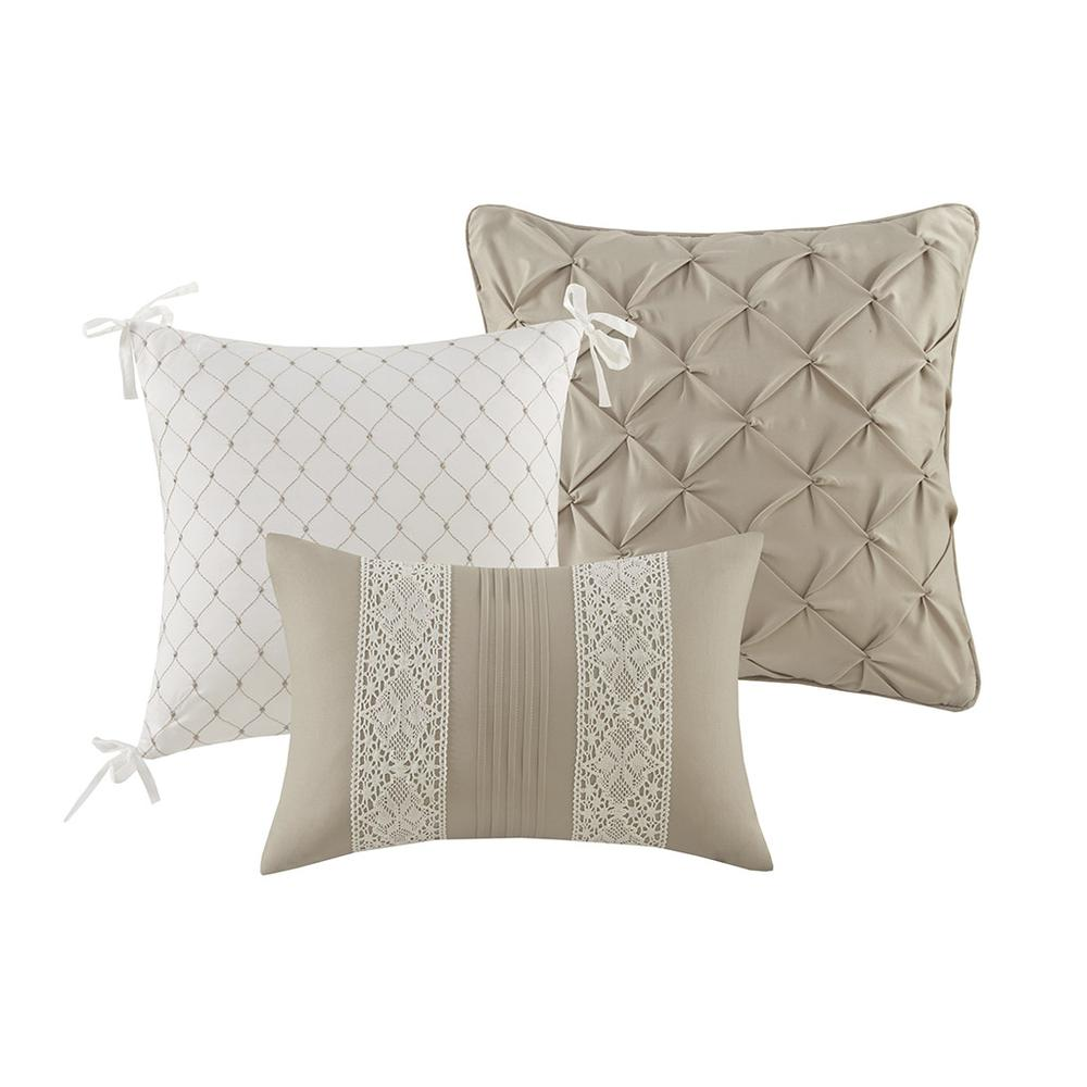 Start2Finish 7-piece lace trim comforter bedding set with matching throw pillows, featuring elegant decorative lace accents.