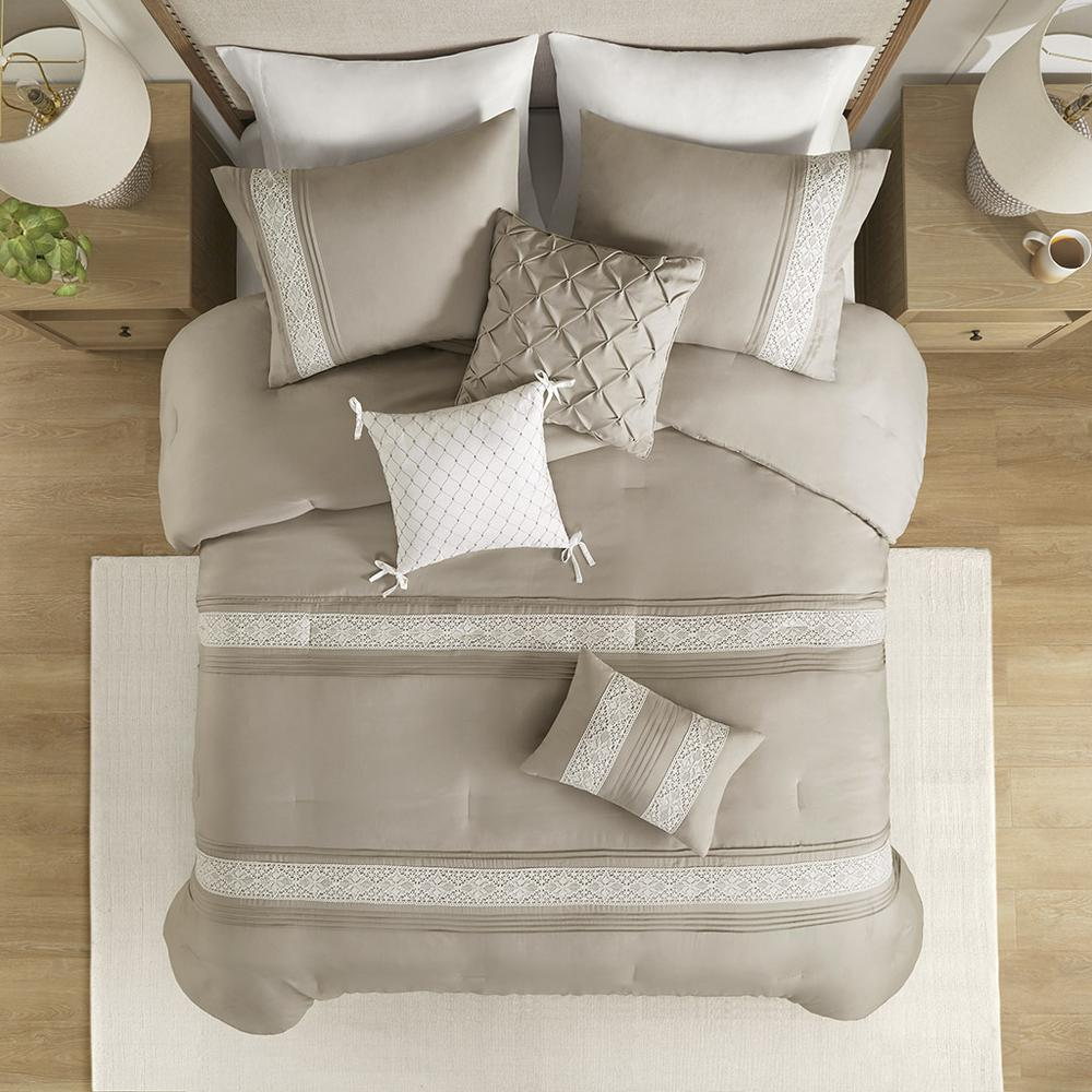 Start2Finish 7-piece lace trim comforter set with matching throw pillows, featuring intricate lace details and soft bedding fabric.