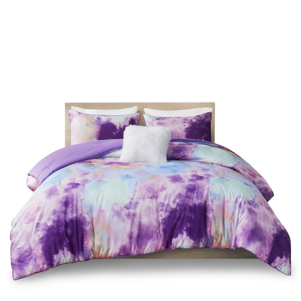 Watercolor tie-dye comforter set with matching throw pillow by Start2Finish, featuring vibrant, artistic printed bedding.