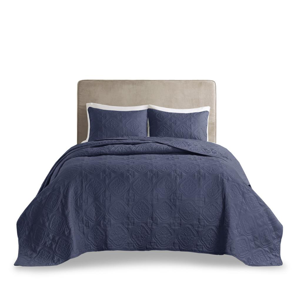 Reversible navy Oakley 3-piece bedspread set from Start2Finish, with detailed fabric texture and matching pillowcases.