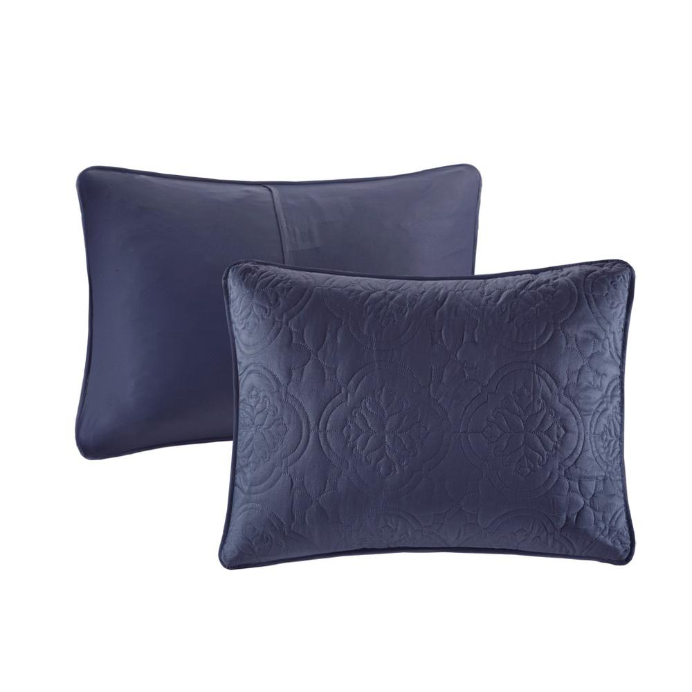 Reversible navy Oakley three-piece bedspread set by Start2Finish with detailed fabric texture and neatly arranged bedding.