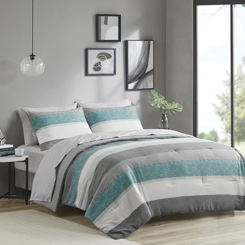 Start2Finish Jaxon Stripe Comforter Set with aqua and grey bed sheets, featuring a modern striped pattern on soft bedding.
