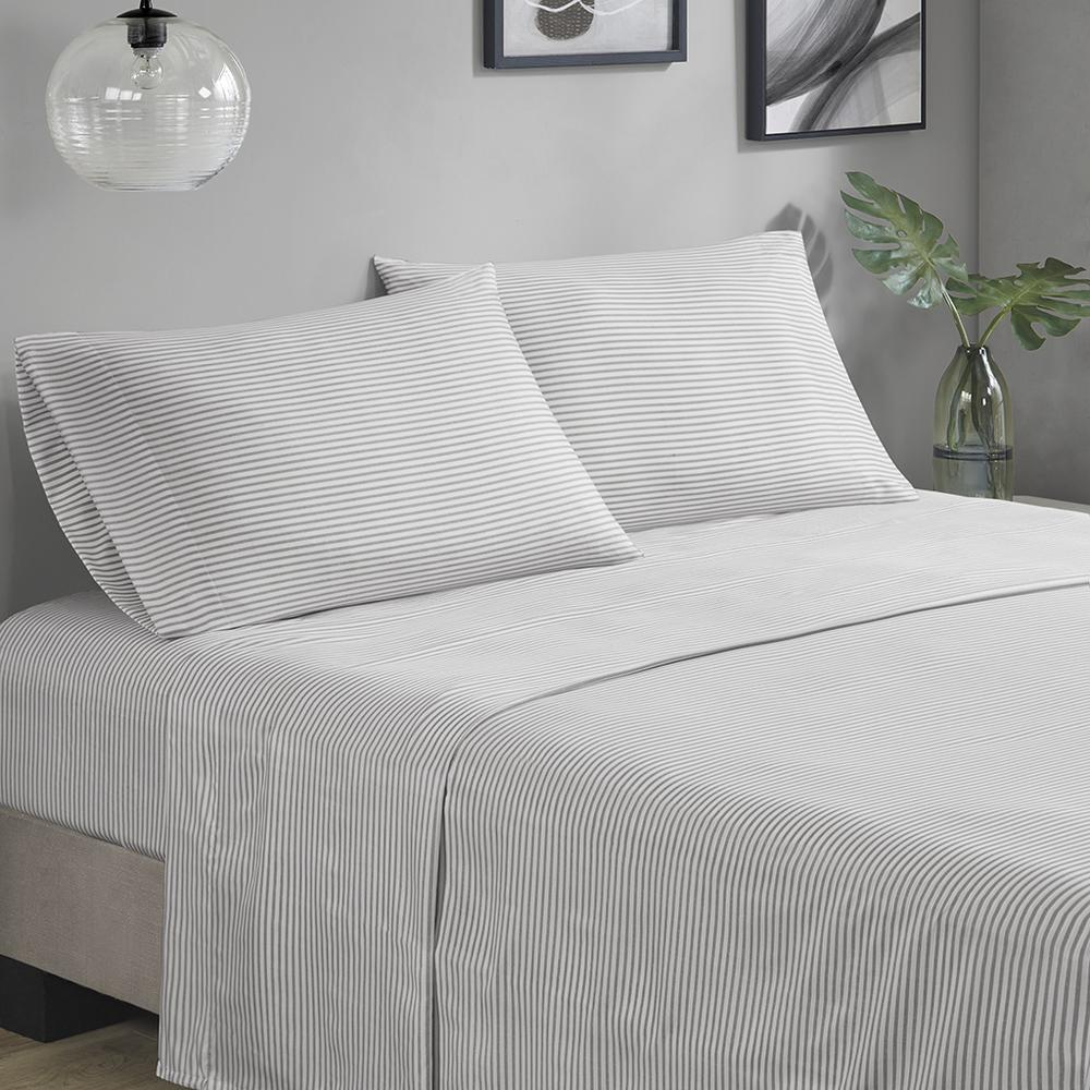 Start2Finish Jaxon Stripe Comforter Set with aqua and grey bed sheets, featuring a modern striped design for a cozy bedroom.