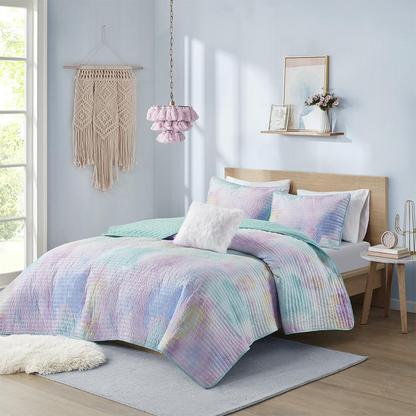 Colorful watercolor tie-dye printed quilt set with matching throw pillow, soft bedding by Start2Finish.