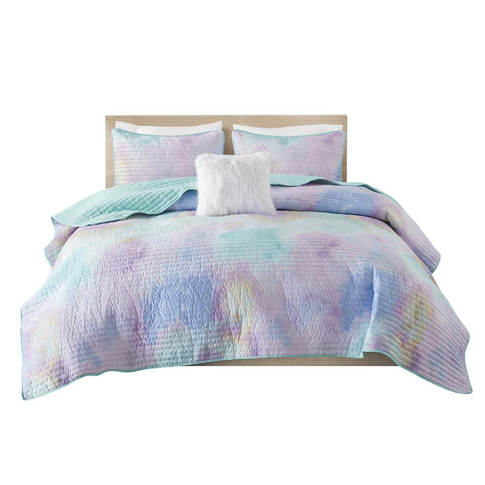 Watercolor tie dye printed quilt set with matching throw pillow, vibrant bedding by Start2Finish, colorful and cozy home decor.