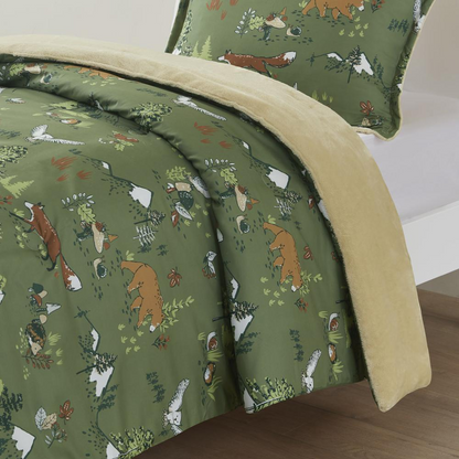 Start2Finish forest animals plush reversible comforter set with colorful woodland animal patterns on soft bedding fabric.
