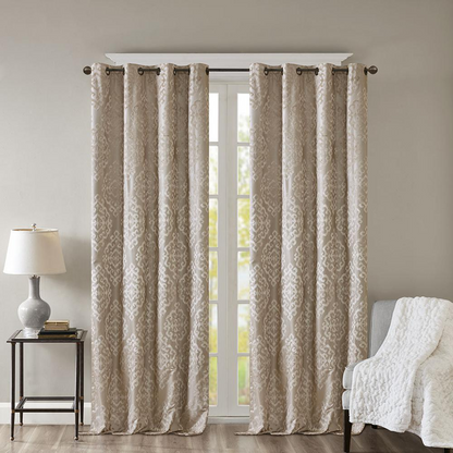 Pair of black knitted jacquard damask blackout curtain panels with grommet tops, ideal for home window decor.