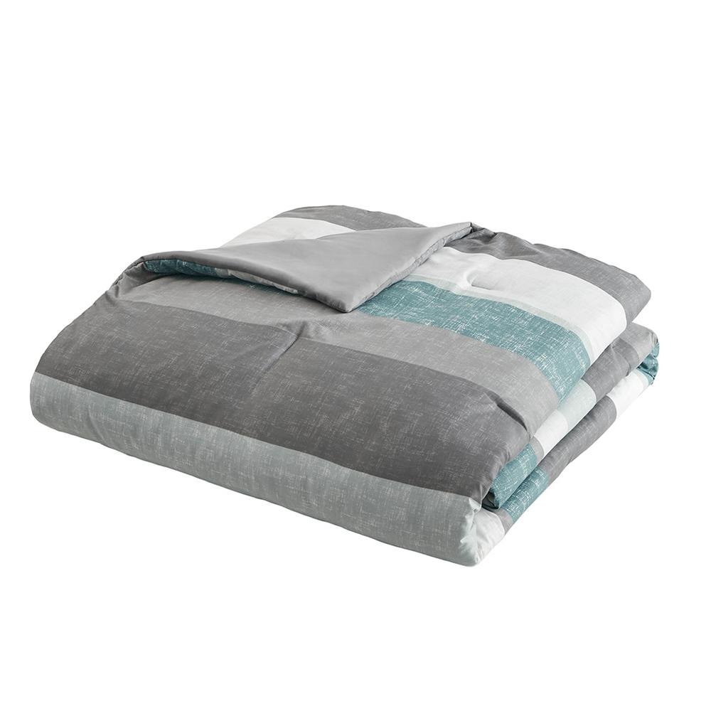 Start2Finish Jaxon Stripe Comforter Set with Aqua and Grey bed sheets, featuring a modern striped bedding design.