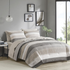 Start2Finish Jaxon Stripe Comforter Set with Taupe and Grey bed sheets, featuring a cozy bedding ensemble with striped pattern.