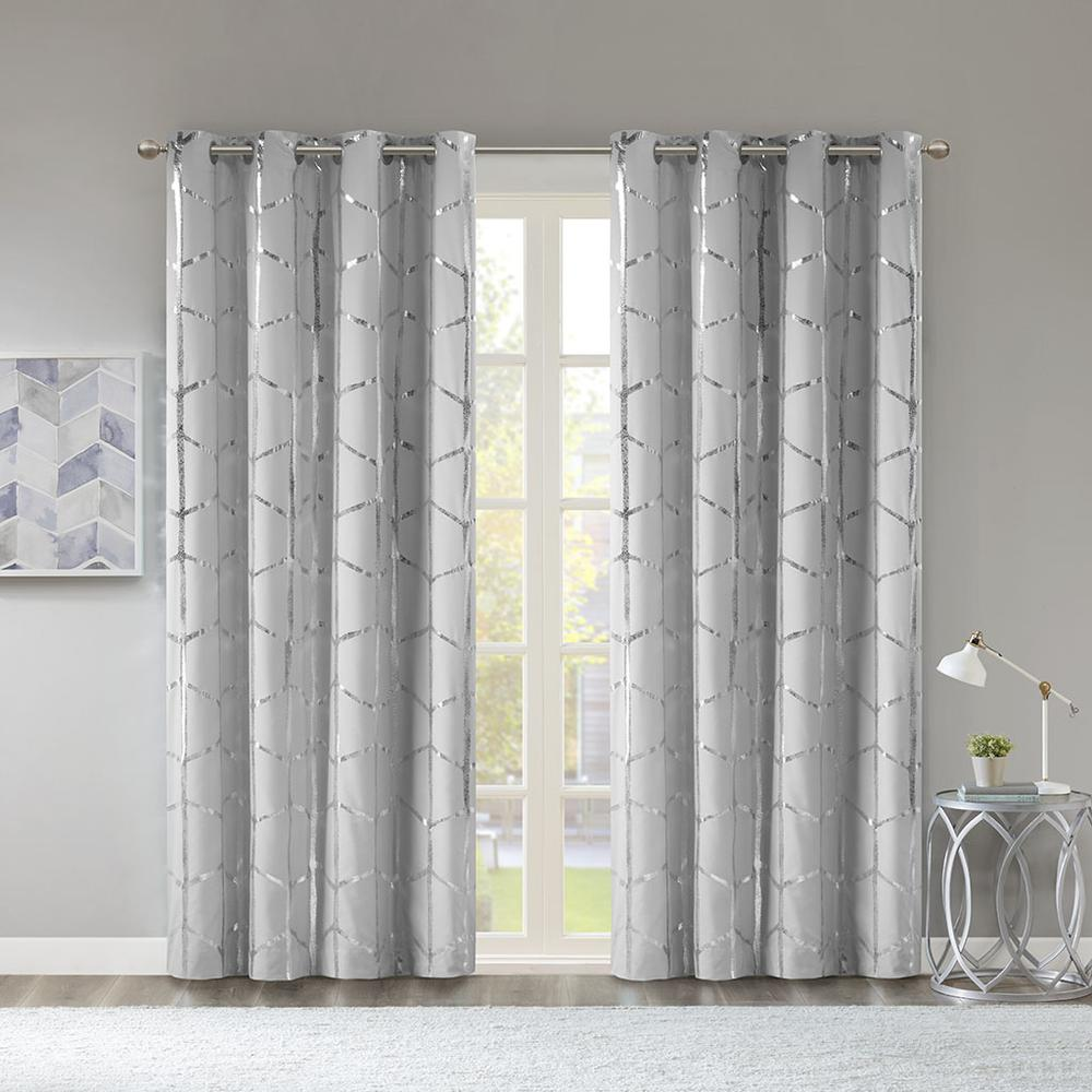 Pair of Start2Finish Total Blackout Metallic Print Grommet Top Curtain Panels, dark-colored with metallic pattern for home window decor.
