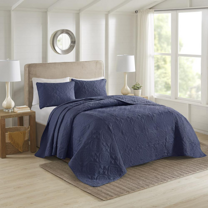 Start2Finish Oakley 3-piece reversible navy bedspread set with matching pillow shams, soft and stylish for bedroom decor.