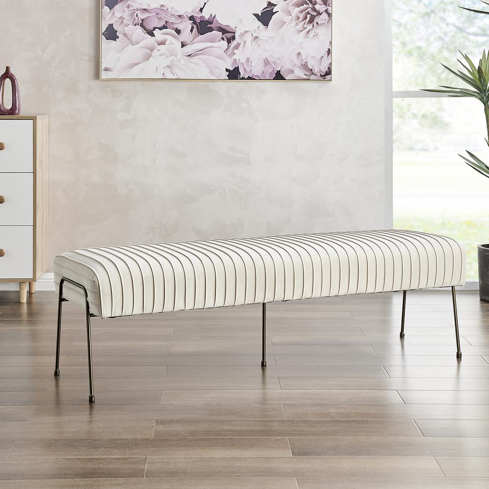 Start2Finish Merritt Velvet Pleated Bench with upholstered seat and wooden legs, modern furniture piece for living room or entryway.