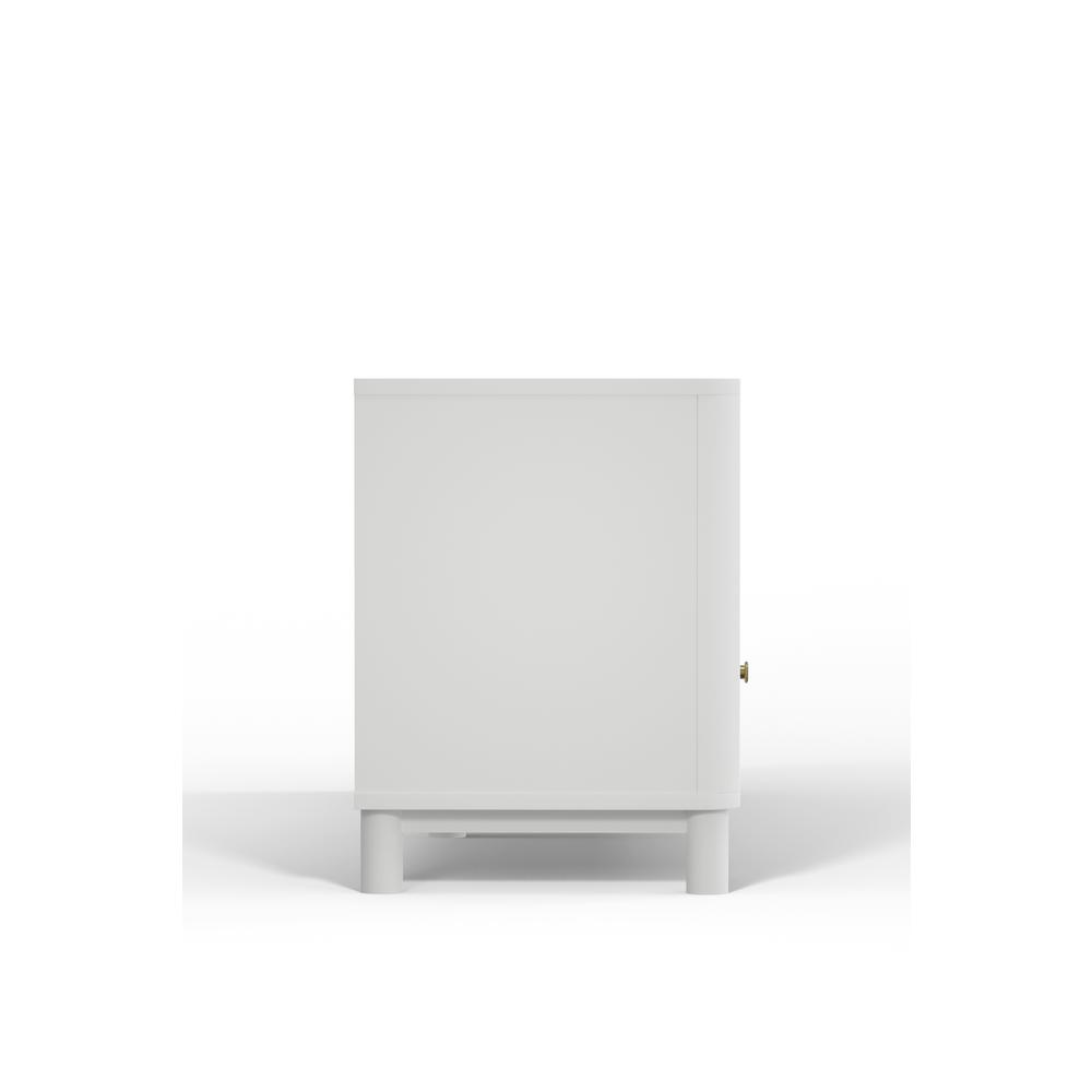 White Stapleton TV console by Start2Finish, showcasing a modern furniture piece with open shelving and sleek design.