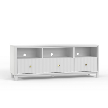 White Stapleton TV console by Start2Finish, modern furniture with storage compartments and sleek design.