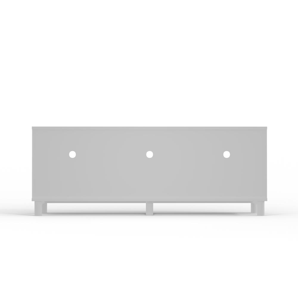 White Stapleton TV console by Start2Finish, modern furniture piece with open shelving and storage compartments.