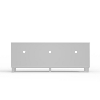 White Stapleton TV console by Start2Finish, modern furniture piece with open shelving and storage compartments.