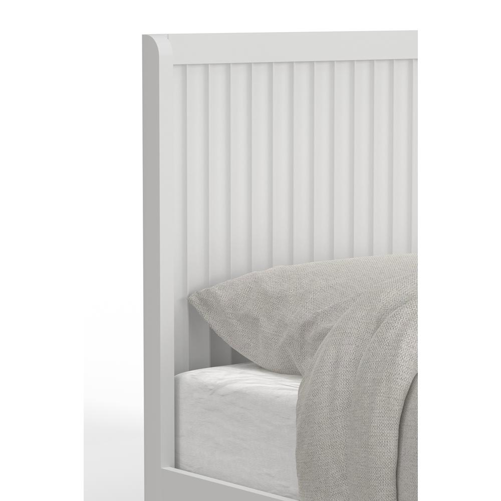 White Stapleton Queen Panel Bed by Start2Finish with a classic headboard and footboard, showcasing elegant furniture design.
