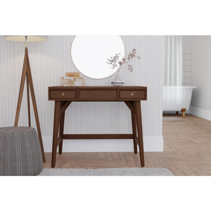 Walnut Flynn Bedroom Vanity by Start2Finish featuring a sleek design, mirror, and spacious tabletop for grooming and storage.