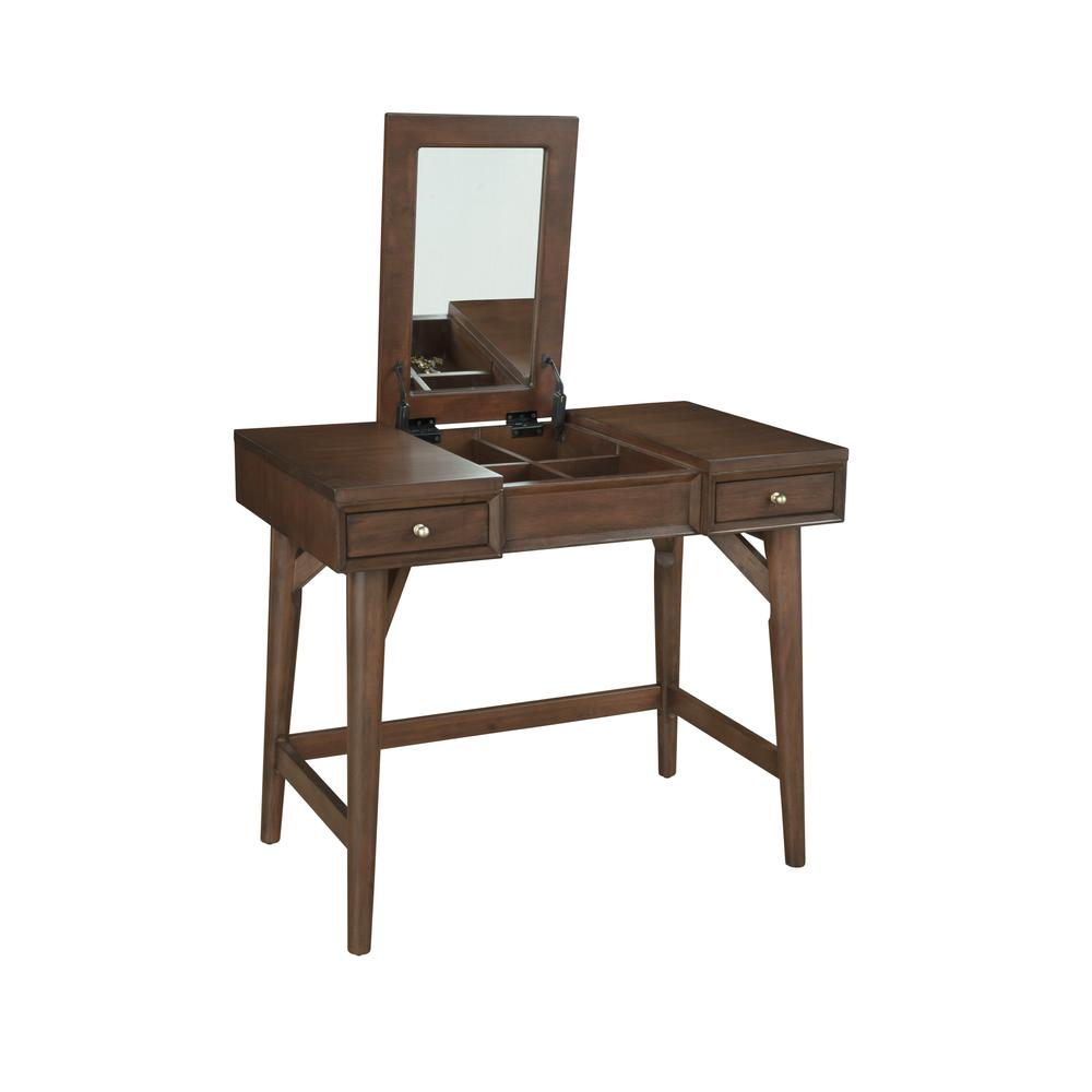 Walnut Flynn Bedroom Vanity by Start2Finish with mirror, drawers, and sleek modern design for stylish bedroom organization.