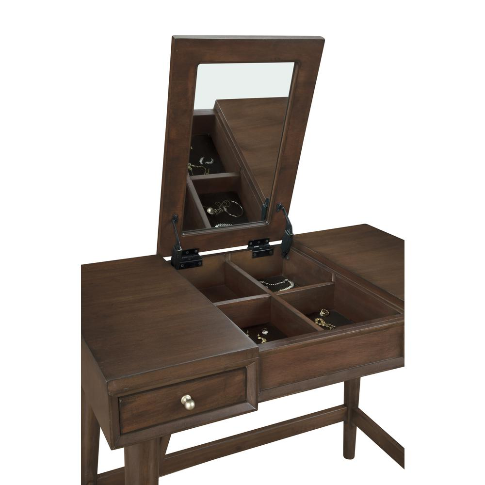 Walnut Flynn Bedroom Vanity by Start2Finish showing a sleek, modern vanity with a large mirror and storage drawers in a bedroom setting.