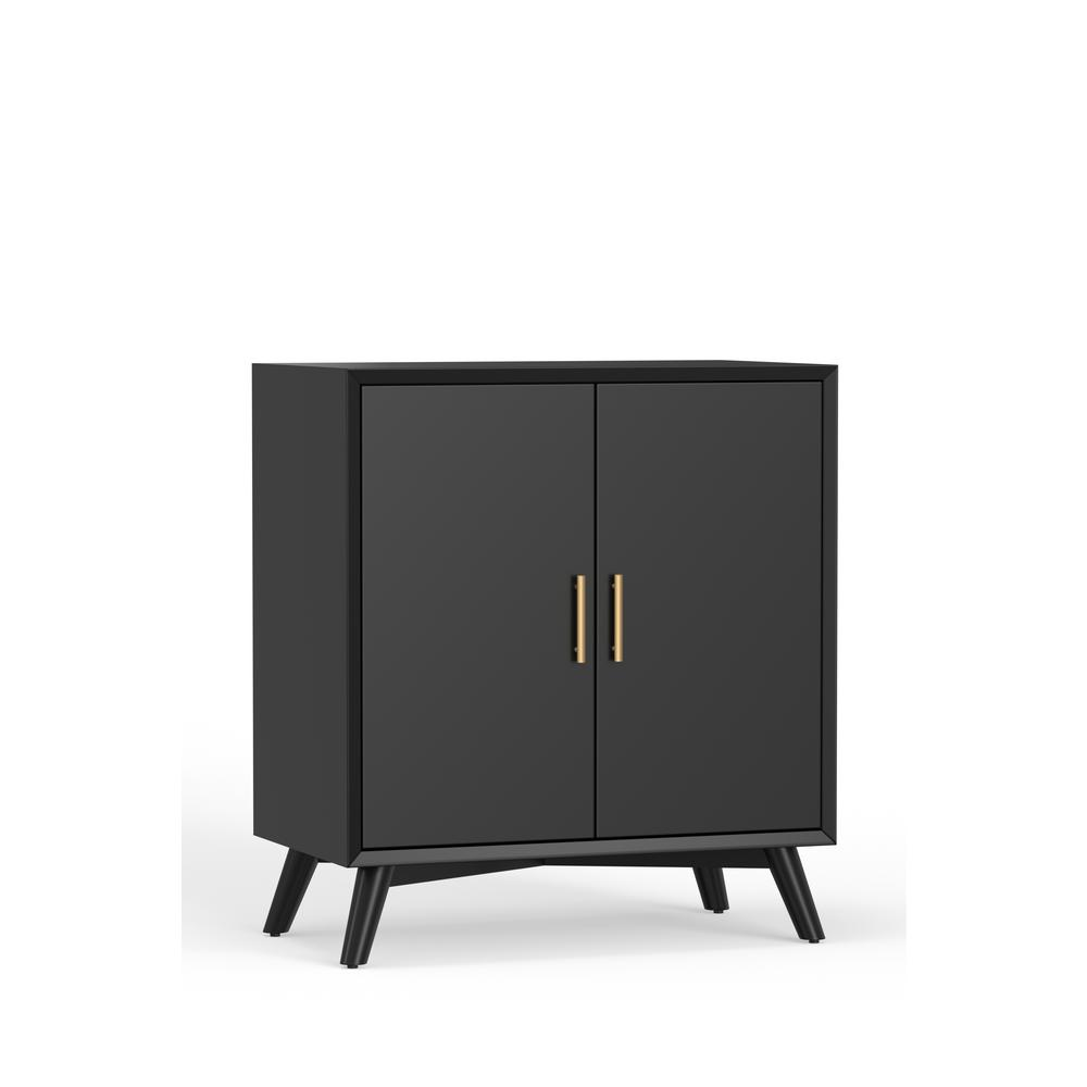 Flynn small black bar cabinet by Start2Finish showing sleek wooden furniture with storage compartments and a modern design