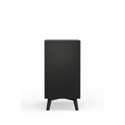 Black Flynn small bar cabinet by Start2Finish, showcasing compact furniture with sleek design and storage space for beverages.