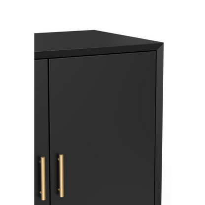 Flynn small black bar cabinet from Start2Finish, featuring sleek furniture design with doors and storage space.