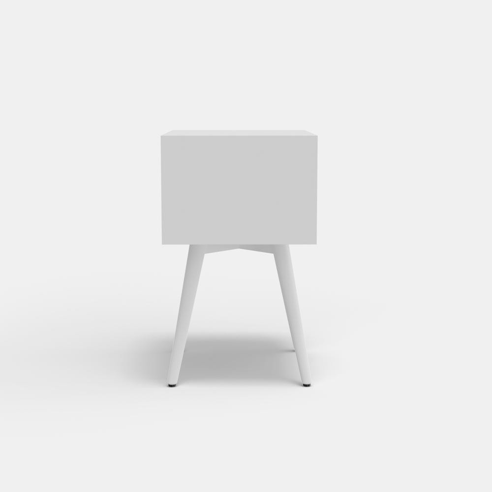 Flynn small white nightstand by Start2Finish, featuring a compact wooden furniture design with a single drawer and open shelf.