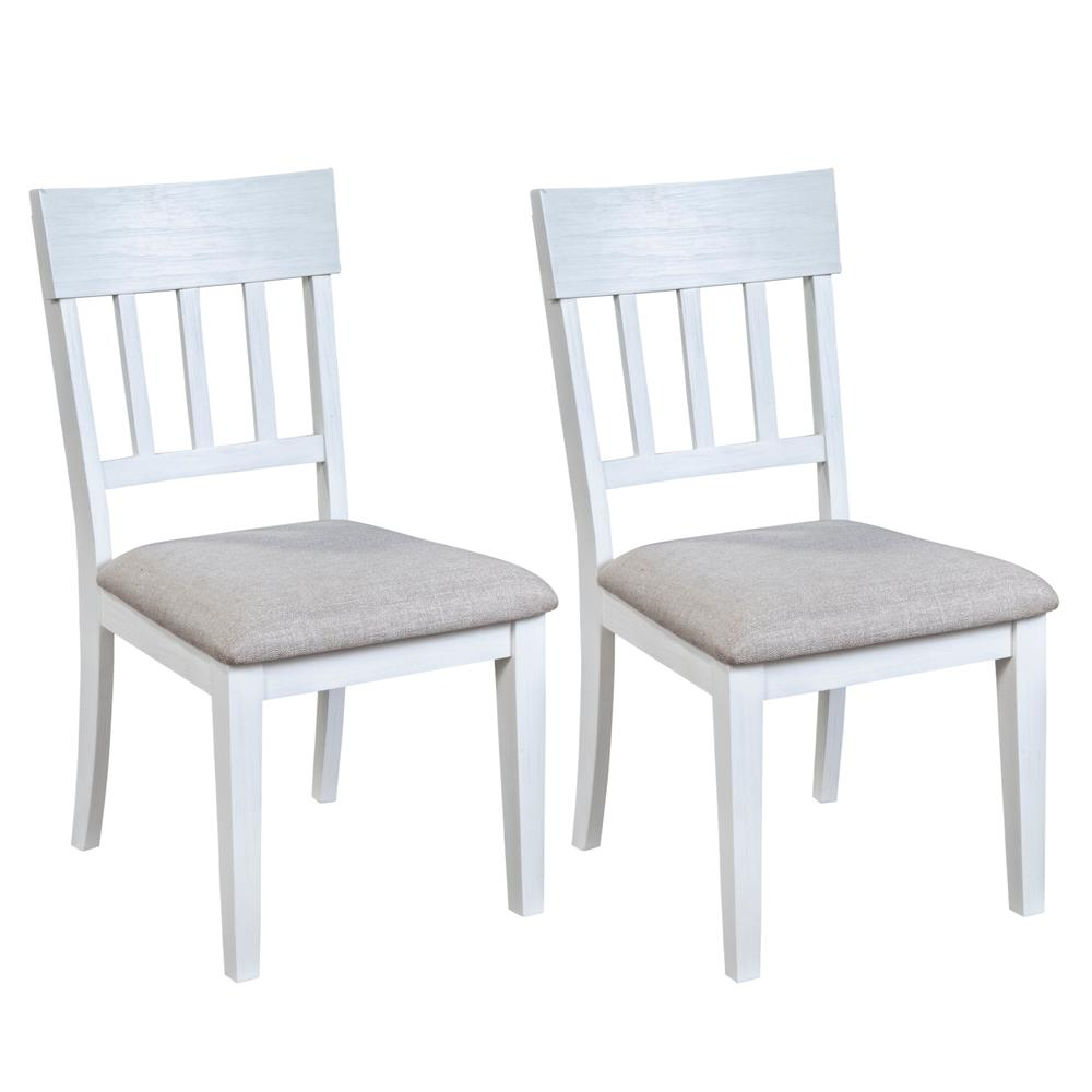 Set of 2 white Donham side chairs by Start2Finish with sleek, modern design and smooth wooden legs.
