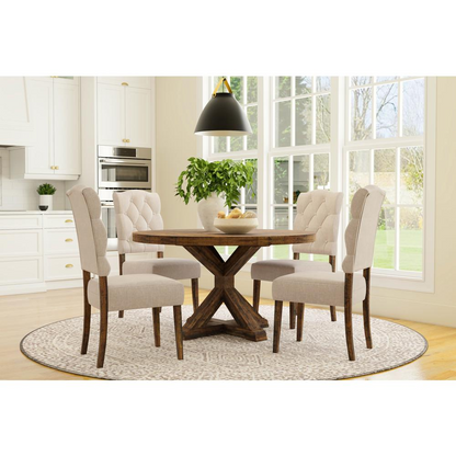 Medium brown Newberry round dining table by Start2Finish, showcasing the smooth wooden surface and sturdy base.
