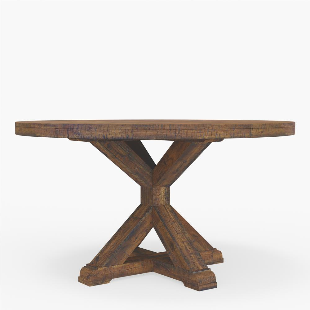 Medium brown Newberry Round Dining Table by Start2Finish, showing a wooden tabletop with sturdy legs in a home dining setting.