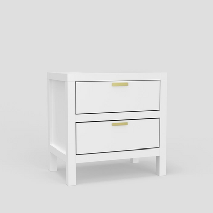 White Carmel 2-drawer nightstand from Start2Finish, featuring a sleek furniture design with two spacious drawers.