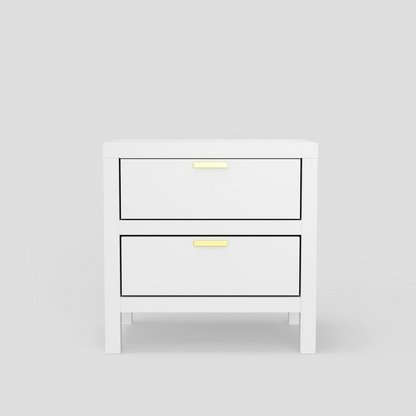 White Carmel 2 Drawer Nightstand by Start2Finish, showcasing its sleek furniture design with two spacious drawers.