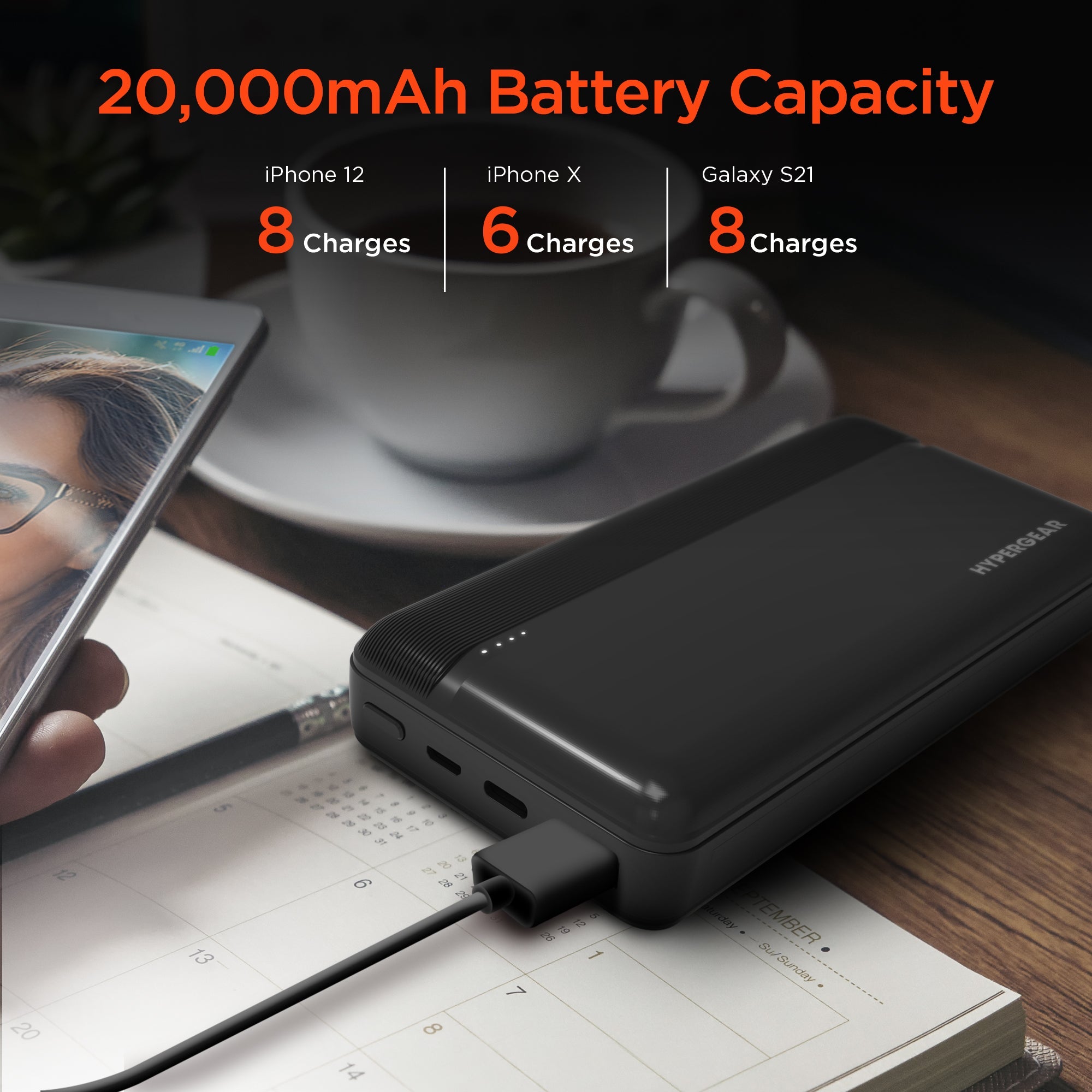 Sky Iapetus HyperGear 20000mAh power bank with 20W PD and USB ports, compact mobile and laptop charging accessory.