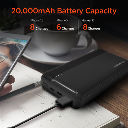 Sky Iapetus HyperGear 20000mAh power bank with 20W PD and USB ports, compact mobile and laptop charging accessory.