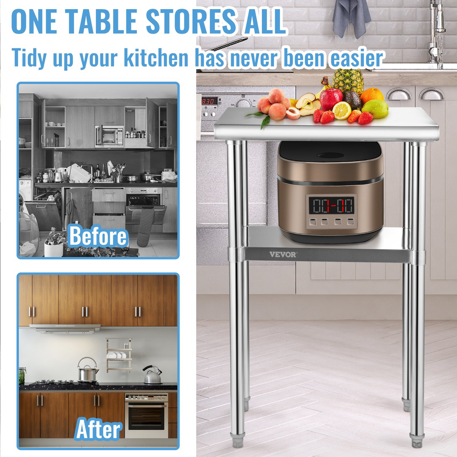 Start2Finish stainless steel prep table with adjustable undershelf, heavy-duty work surface, and sturdy feet for commercial kitchens and garages.