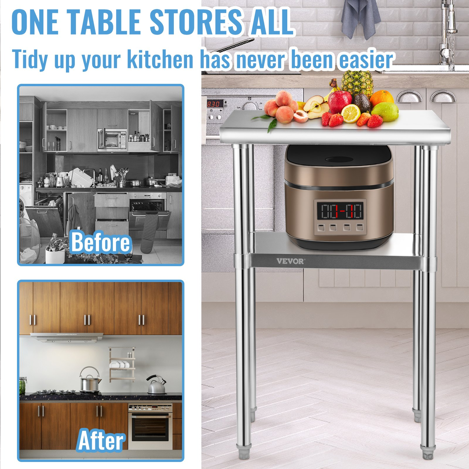 Start2Finish stainless steel prep table with adjustable undershelf, heavy-duty work surface, and sturdy feet for commercial kitchens and garages.