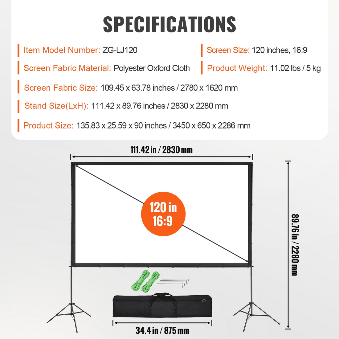 Start2Finish VEVOR 120-inch outdoor projector screen with stand, wrinkle-free 16:9 HD movie screen for home theater and backyard movies.