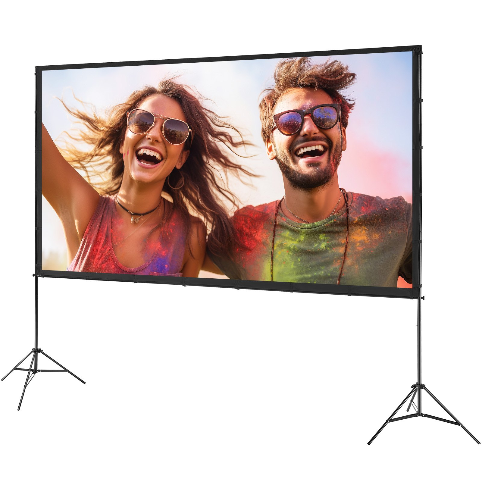 Start2Finish 120-inch outdoor projector screen with stand, wrinkle-free 4K HD cinema display, tripod, and carry bag for backyard movies.
