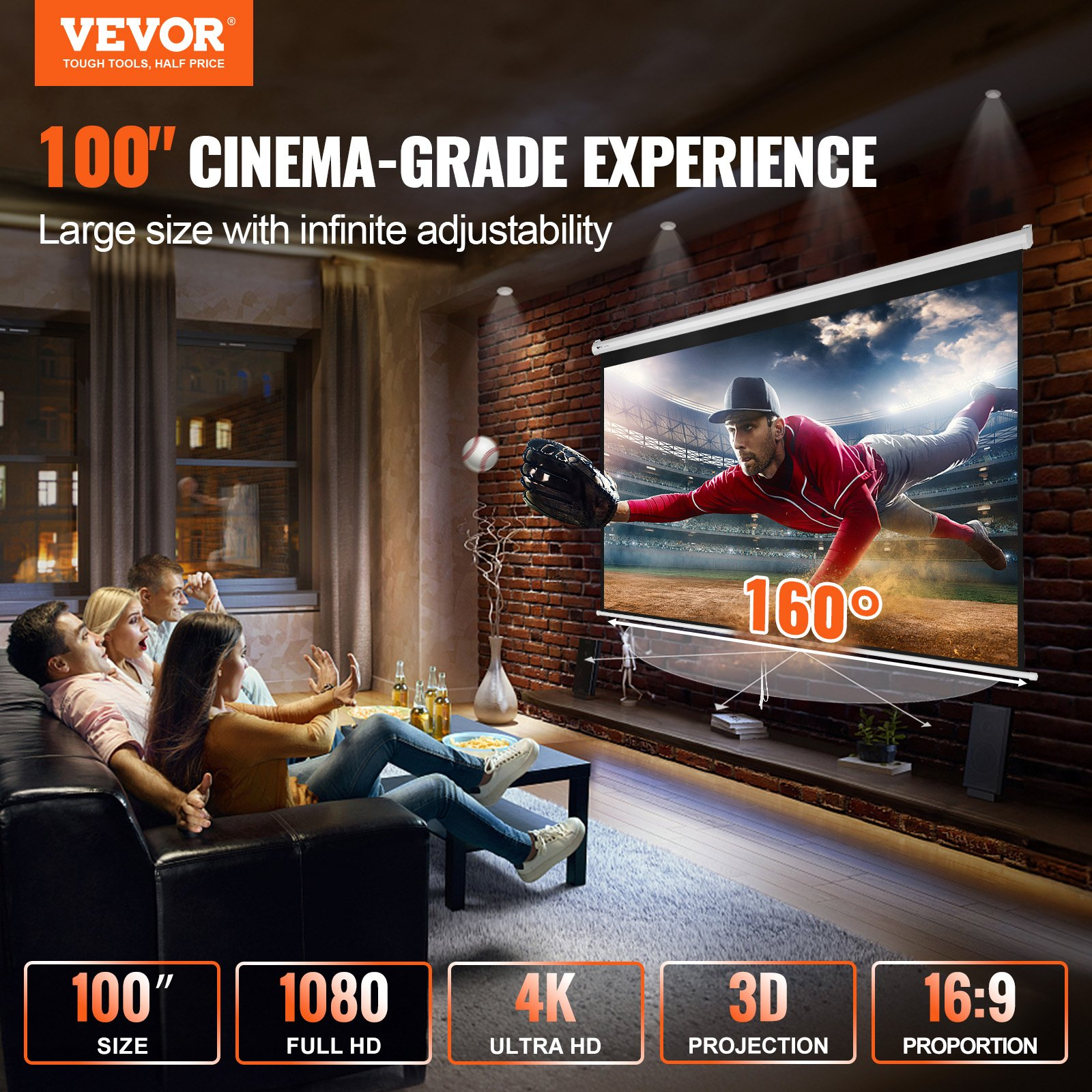 Start2Finish VEVOR 100-inch manual projector screen with retractable 16:9 aspect ratio, suitable for home theater and office use.