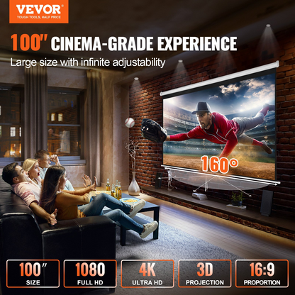Start2Finish VEVOR 100-inch manual projector screen with retractable 16:9 aspect ratio, suitable for home theater and office use.